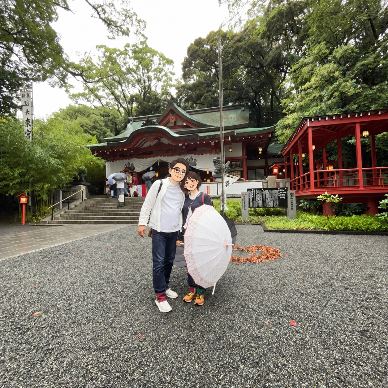 雨の日の來宮神社で記念撮影
